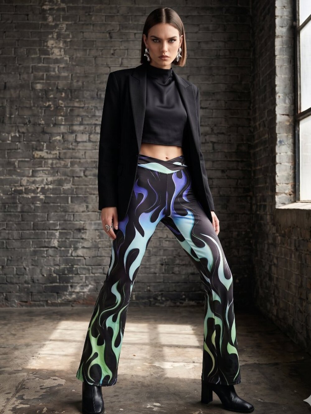 Conceptual Subculture Blue Flame Wide Pant Leggings Size XL Black Athletic